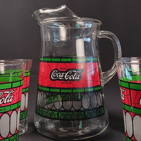 Vintage Coca Cola Collector Pitcher & Glasses Frosted Stained Pizzeria Pattern - Picture 2 of 5